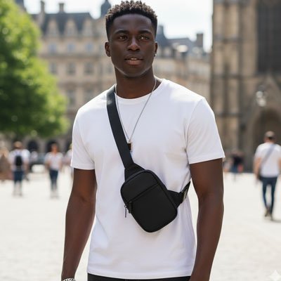 Homme en ville porte sac bandoulière homme antivol noir sur épaule, veste casual, style urbain moderne, rue animée, look actif au quotidien