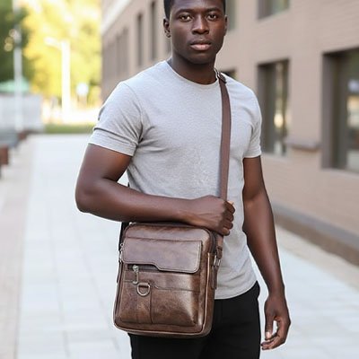 Homme en ville porte un sac bandoulière homme en cuir marron à l’épaule, pratique et élégant pour transporter ses essentiels au quotidien.