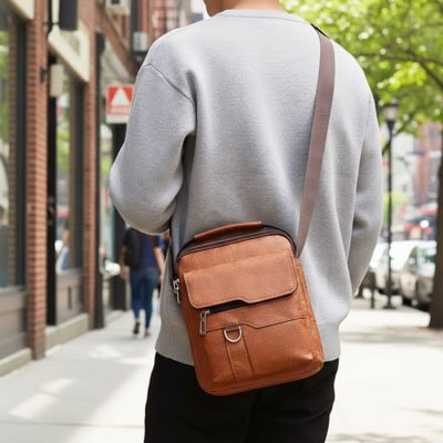 Homme en ville porte un sac bandoulière homme en cuir marron, pratique et élégant, idéal pour transporter ses essentiels au quotidien.