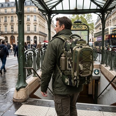 homme en visite à Paris avec Sac à dos pour bagage cabine nomade flex 