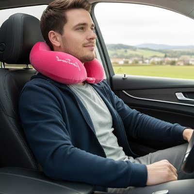 homme en voiture avec Oreiller de voyage Sérénité UltraSoft