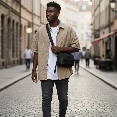 Homme marche dans une rue européenne  un sac en bandoulière homme