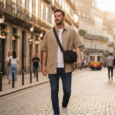 Homme marche dans une ville européenne, porte un sac bandoulière en homme, style urbain moderne