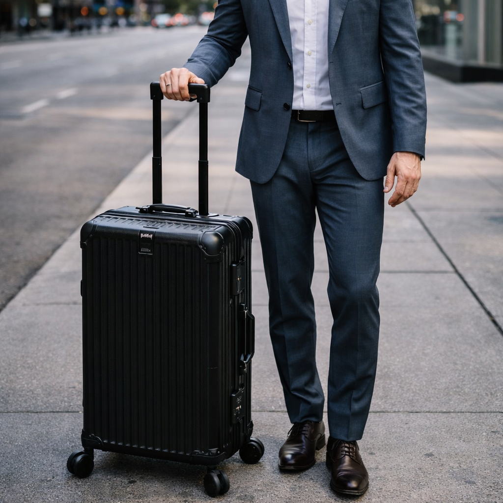 Homme marchant dans une ville moderne avec la petite valise cabine rigide