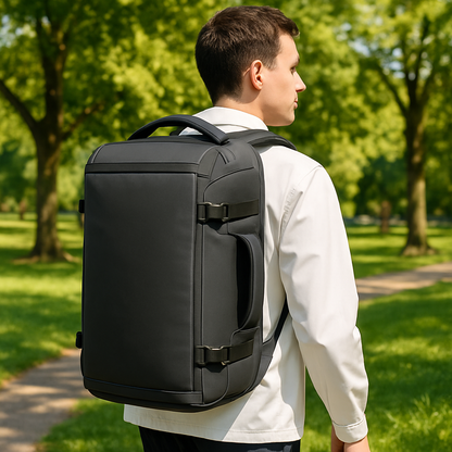 homme marche parc avec sac a dos de voyage noir style valise