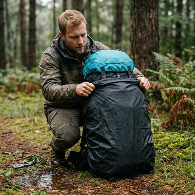 Homme mettant une housse du sac à dos de randonnée