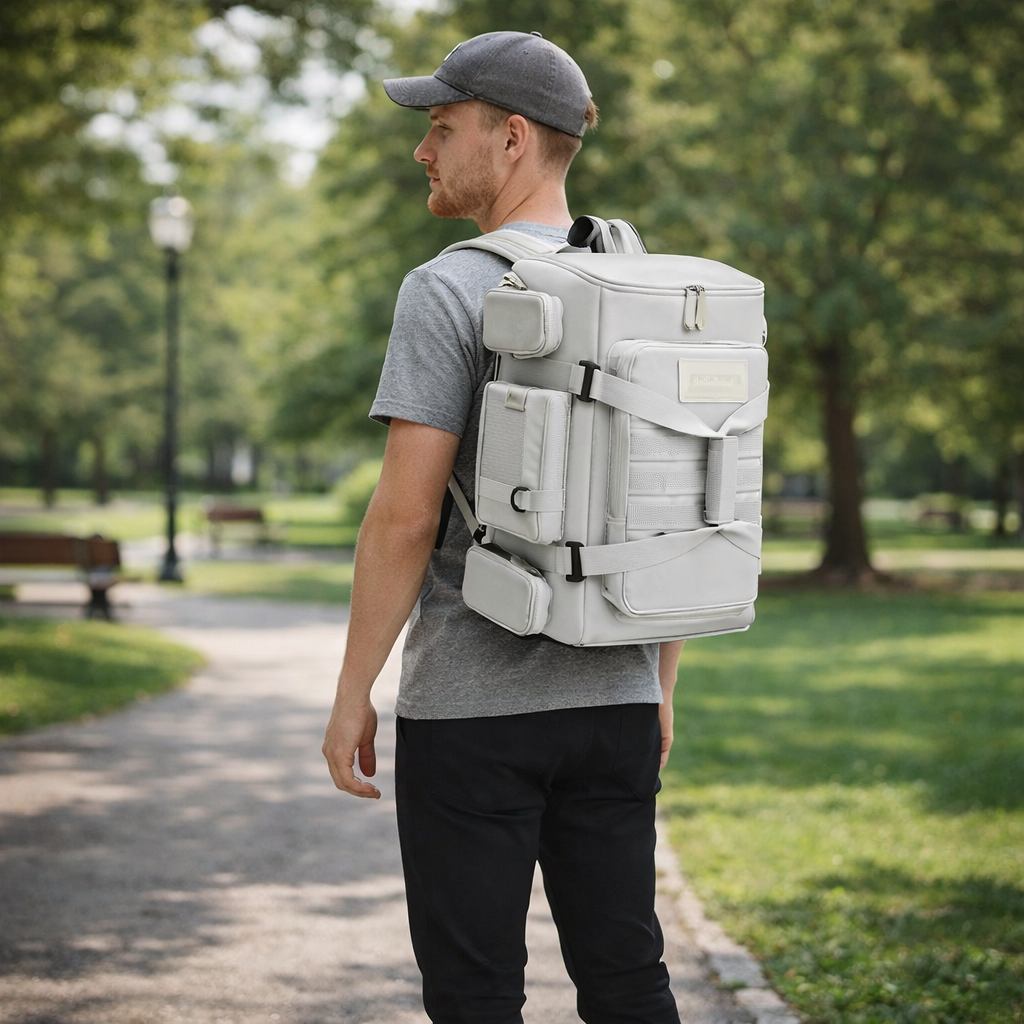 Homme portant un sac à dos de voyage à grande ouverture, blanc, dans un parc, vue de profil en extérieur nature