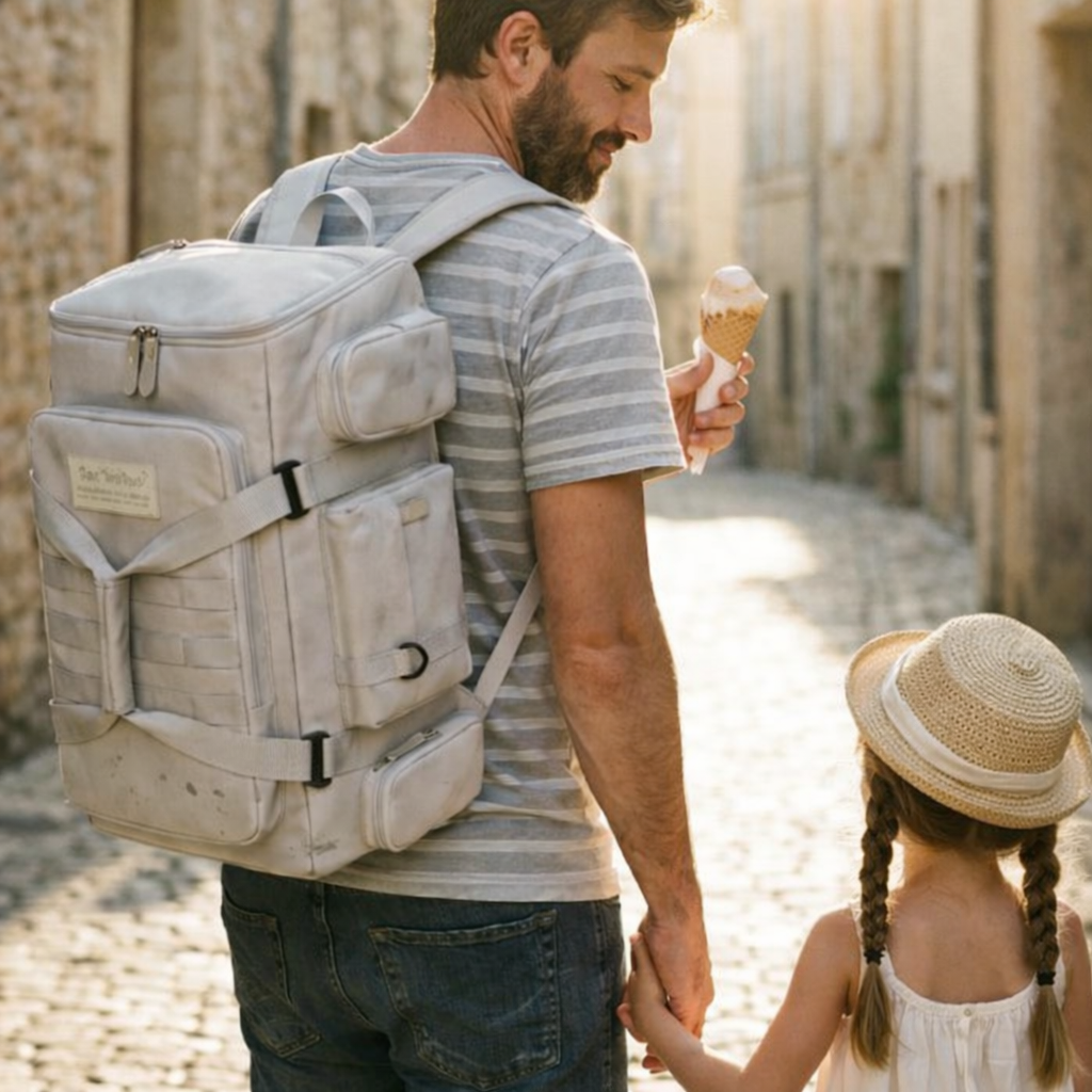 Homme portant un sac à dos de voyage à grande ouverture, blanc, marchant avec un enfant dans une rue pavée ensoleillée