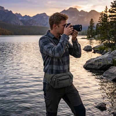 Homme prend une photo du paysage Sac banane à la taille