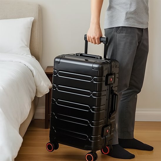 homme prépare son départ de la maison avec la valise cabine noir 