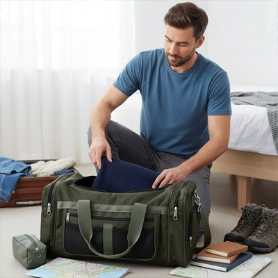homme prépare son sac week end vert pour un voyage bien organisé carte sur le sol, livre et divers vêtements