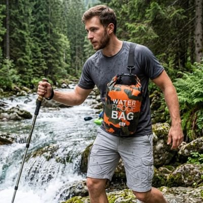 homme prêt d'une chute avec Sac étanche orange