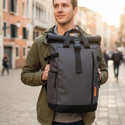 homme promenade en ville Sac a dos voyage rollertop gris a l avant de lui