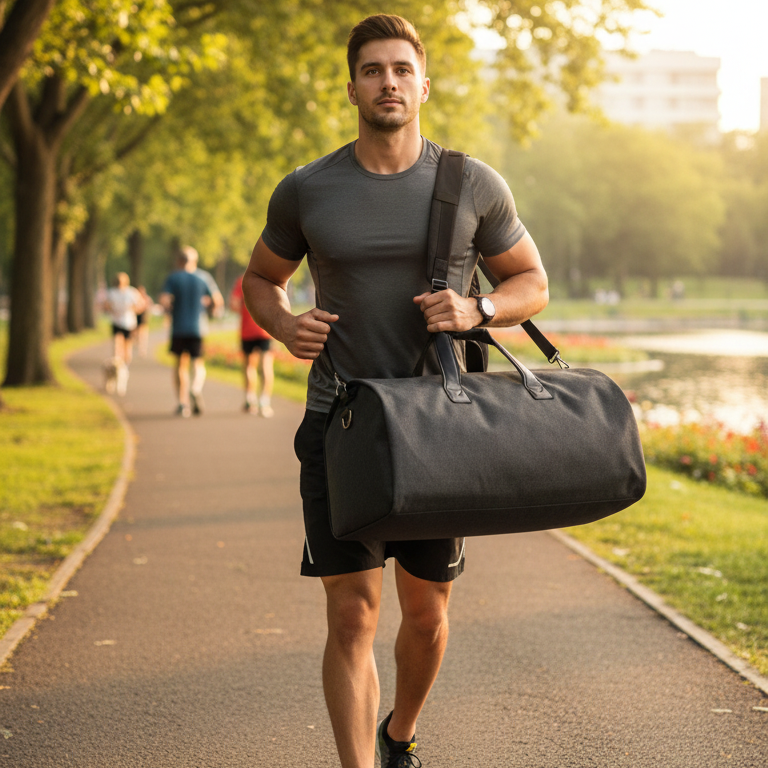 homme de type sportif se promène dans un parc une belle journée avec son sac de voyage pratique au quotidien