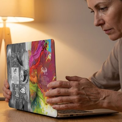 Homme se préparant à travailler sur son pc couvert de la coque pour ordinateur portable rigide