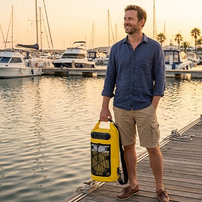 Homme sur le quai avec SAC A DOS ETANCHE jaune