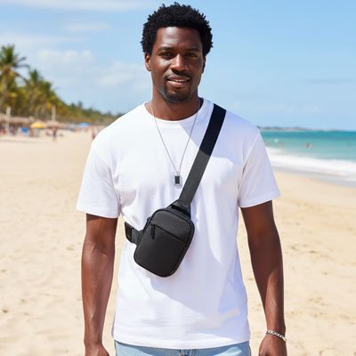 Homme sur plage porte un sac bandoulière homme noir croisé sur la poitrine, t shirt blanc, style estival, bord de mer, sable fin, eau bleue.
