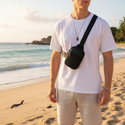  Homme sur une plage ensoleillée porte un sac bandoulière homme noir, t-shirt blanc et pantalon clair, style décontracté, bord de mer, lumière douce, look estival moderne