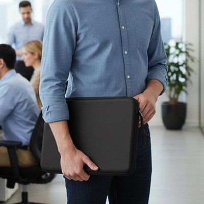 Homme transporte sans inquiétude la pochette ordinateur zen dans bureau professionnel