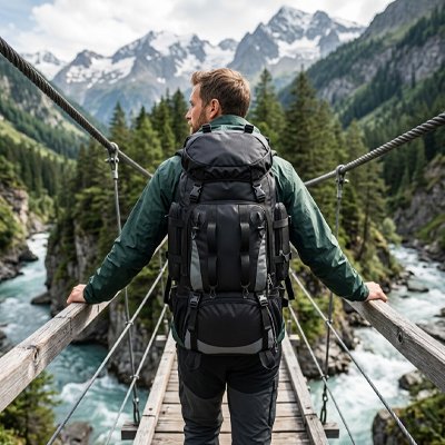 Homme traversant un pont avec sac à dos de randonnée noir