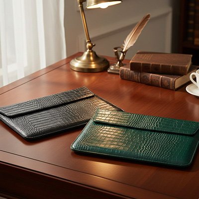 Housse pour ordinateur élégante en cuir texturé noir et vert, posée sur un bureau en bois avec lampe et livres dans un intérieur raffiné