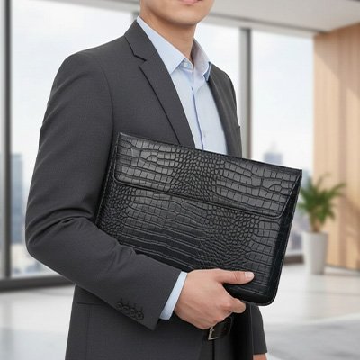 Housse pour ordinateur élégante en cuir texturé noir, portée à la main par un professionnel dans un bureau moderne et lumineux