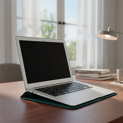 Housse pour ordinateur élégante verte servant de support, avec ordinateur portable ouvert sur un bureau lumineux et moderne