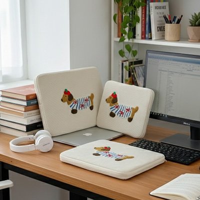 Housse pour ordinateur portable en tissu clair avec illustration de chien posées sur un bureau moderne avec écran, livres et casque audio.