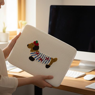 Housse pour ordinateur portable zippée en tissu clair, laissant apparaître un clavier bien protégé à l’intérieur sur un bureau en bois.