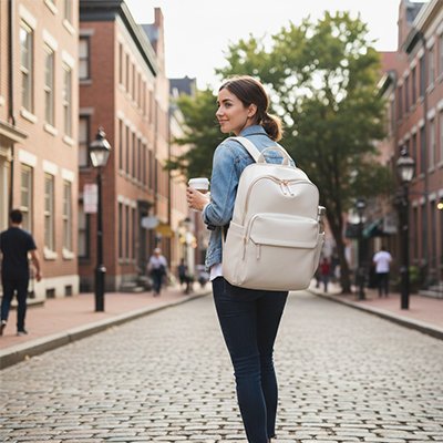 Jeune femme dans paysage style londonien avec sac à dos voyage cabine beige se promène en visitant une nouvelle ville 