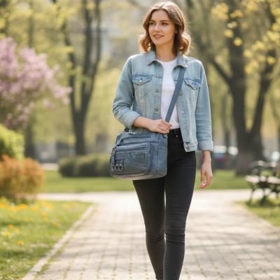 Jeune femme en promenade au printemps avec un sac bandoulière effet cuir couleur bleu.. 