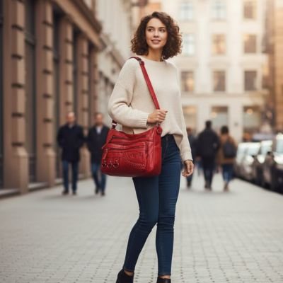 Jeune femme en promenade avec son sac bandoulière femme multiples poches pratiques