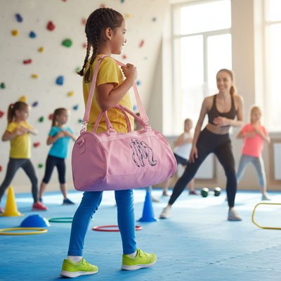 Jeune fille arrivant à la salle de sport avec Sac week end pour fille rose sur l'épaule