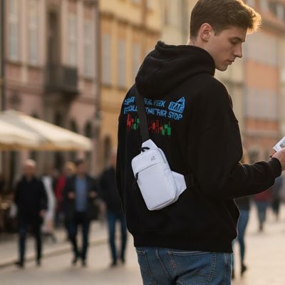 Jeune homme en ville avec Sac en bandoulière homme sécurisé. Idéal pour déplacements 