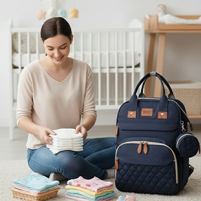 Jeune maman qui prépare le départ en famille avec le sac de voyage pour bébé dans une belle chambre moderne 