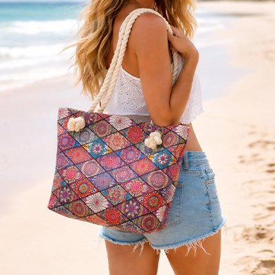Magnifique sac de plage aux teintes rosées idéal vacances famille