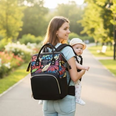 Maman en promenade dans un beau parc avec bébé dans les bras avec sac de voyage à dos pour bébé et tous le nécessaire