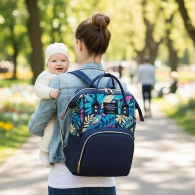 Maman en promenade dans un beau parc avec sac de voyage à dos pour bébé sur les épaule