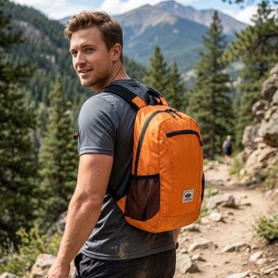 Marcheur avec sac à dos pliable pour voyage orange