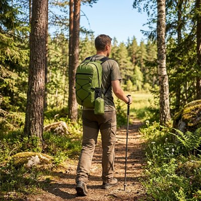 Marcheur en forêt avec Sac à dos voyageur pliable vert