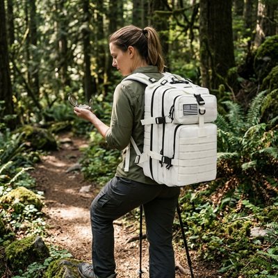 Marcheuse dans un sentier avec Sac à dos randonnée femme blanc