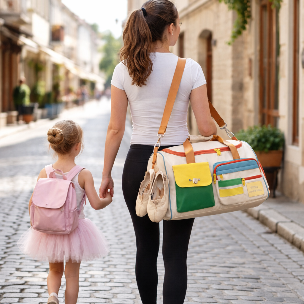 Mère et enfant marchent dans une rue pavée avec un sac crème coloré, chaussures de ballet suspendues, tenue sportive, direction un cours de danse