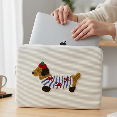 Ordinateur portable glissé dans une pochette en tissu clair avec illustration de chien, montrant la capacité et la protection du produit.