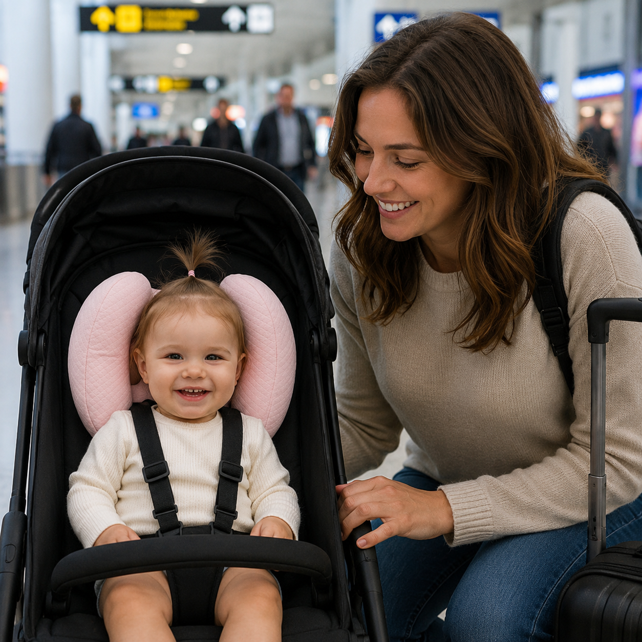 Oreiller de Voyage Bébé Cocoon Rose à l’Aéroport