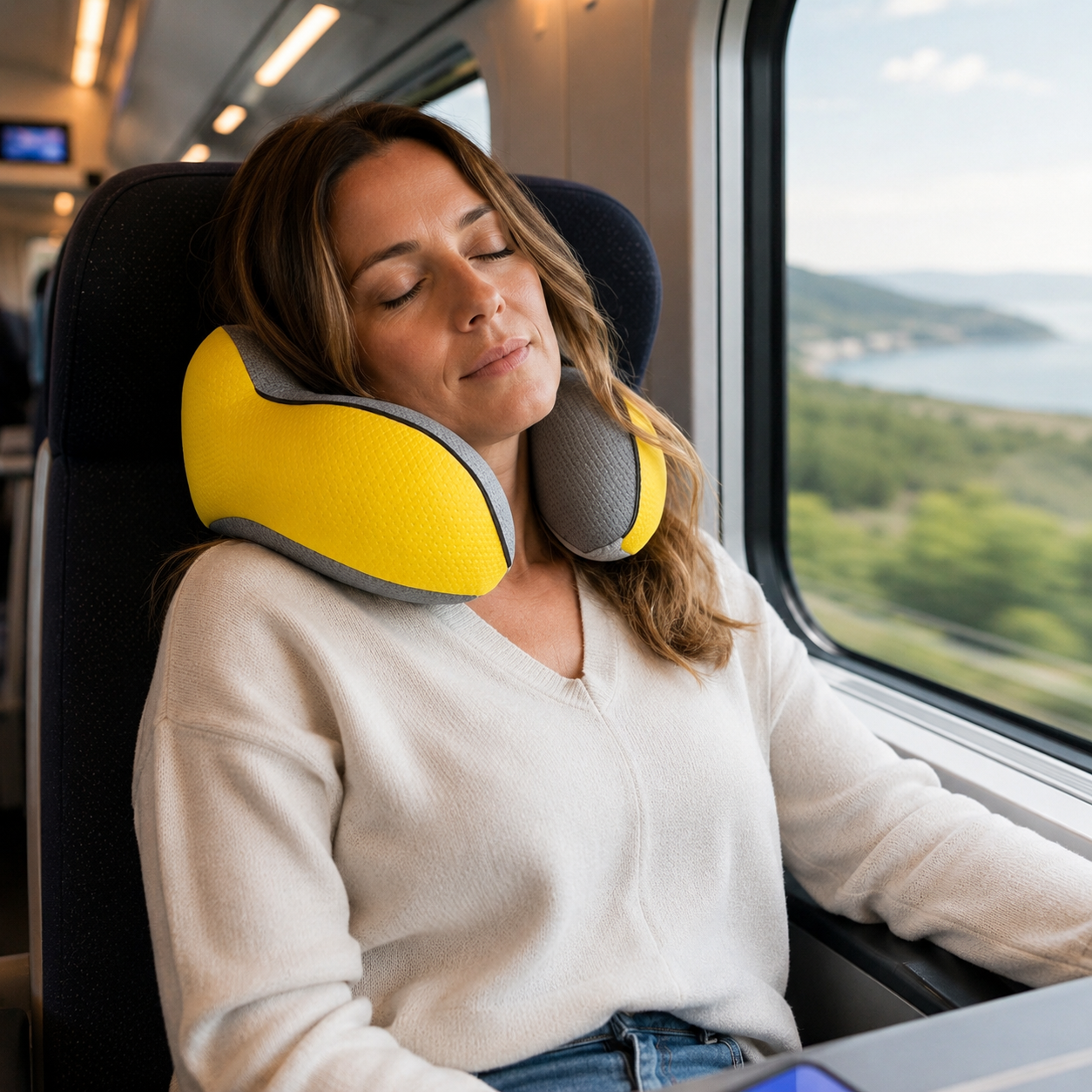 Oreiller gonflable de voyage Sieste express en train