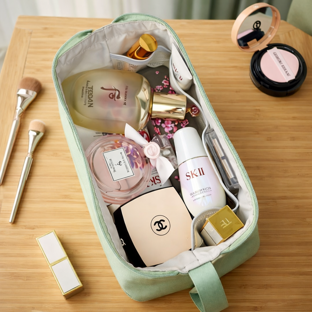 organisateur de maquillage léger ouvert rempli de produits cosmétiques sur comptoir bois vue de dessus