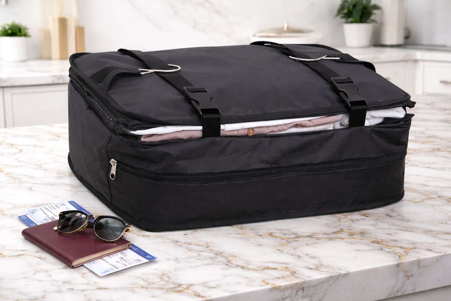 organisateur de valise noir compressé contenant des vêtements pliés, posé sur un plan de travail avec passeport et lunettes, prêt pour le voyage.