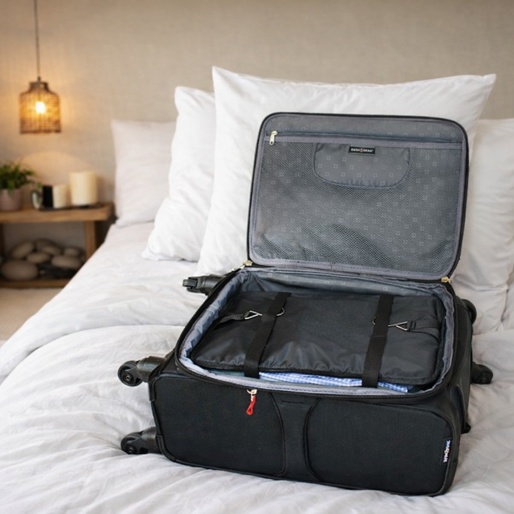organisateur de valise noir placé dans une valise ouverte sur un lit blanc avec sangles intérieures et compartiment zippé visible pour un rangement soigné
