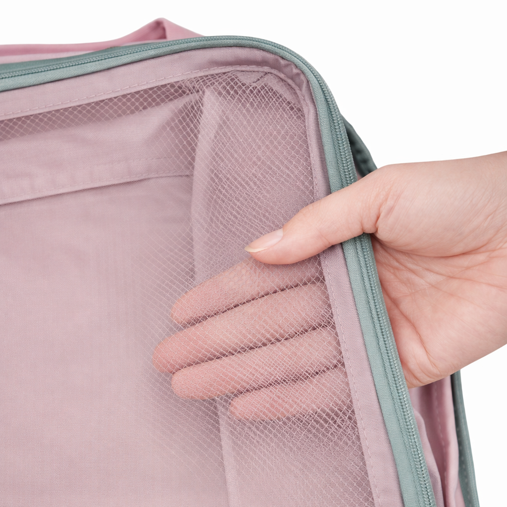 Organisateur de valise premium rose avec compartiment en filet respirant, finition soignée et poignée renforcée pour un voyage ordonné