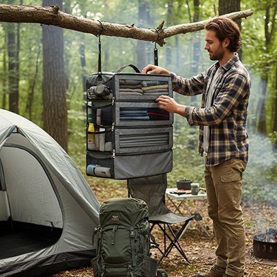 Organisateur de valise suspendu accroché à une branche en forêt, permettant de garder les vêtements organisés lors d’un séjour en plein air.